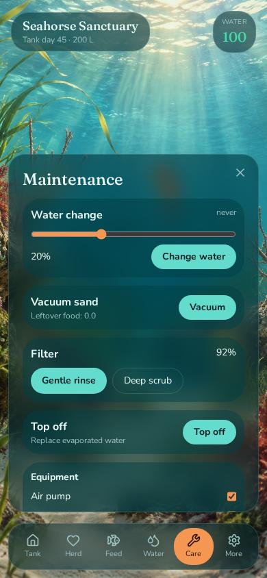 Tank care tasks — water changes, siphoning, filter cleaning