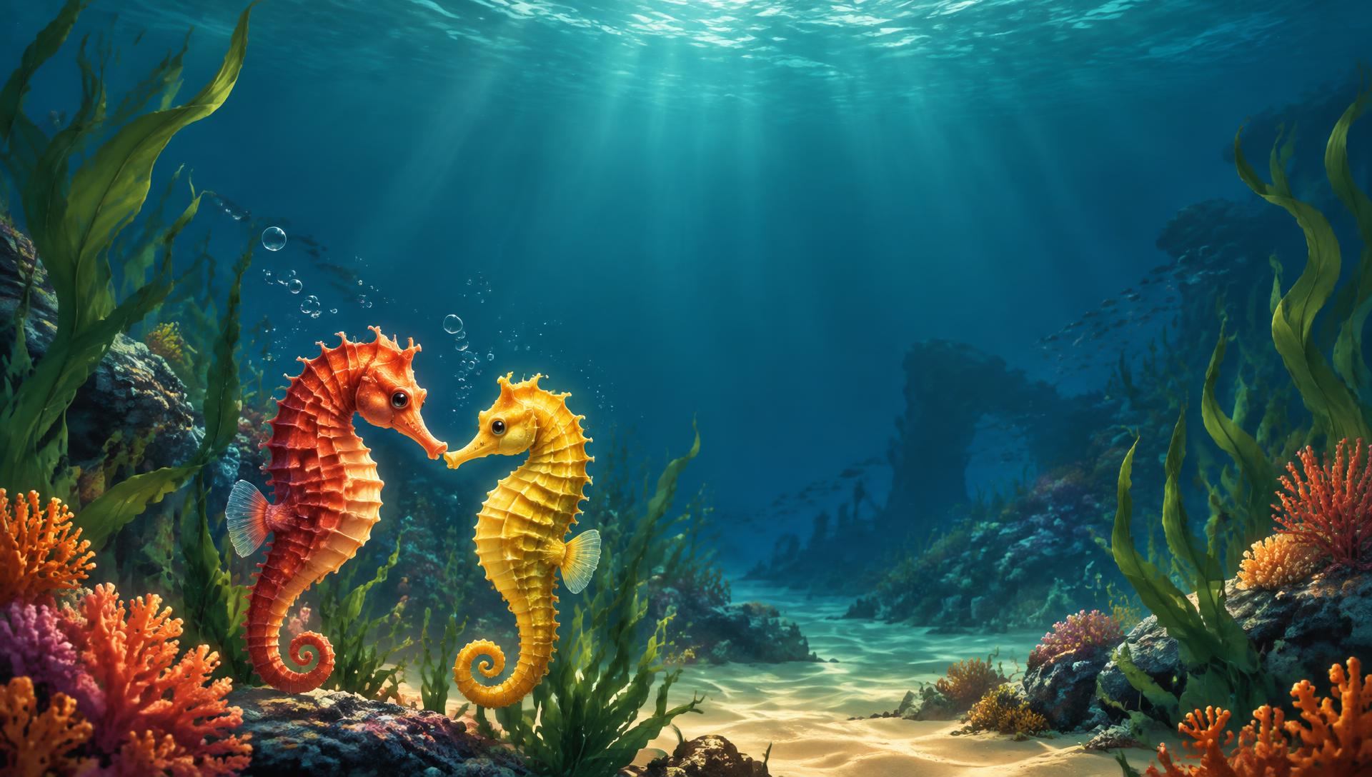 Coral and Pip, an orange and a golden seahorse, facing each other in a sunlit reef
